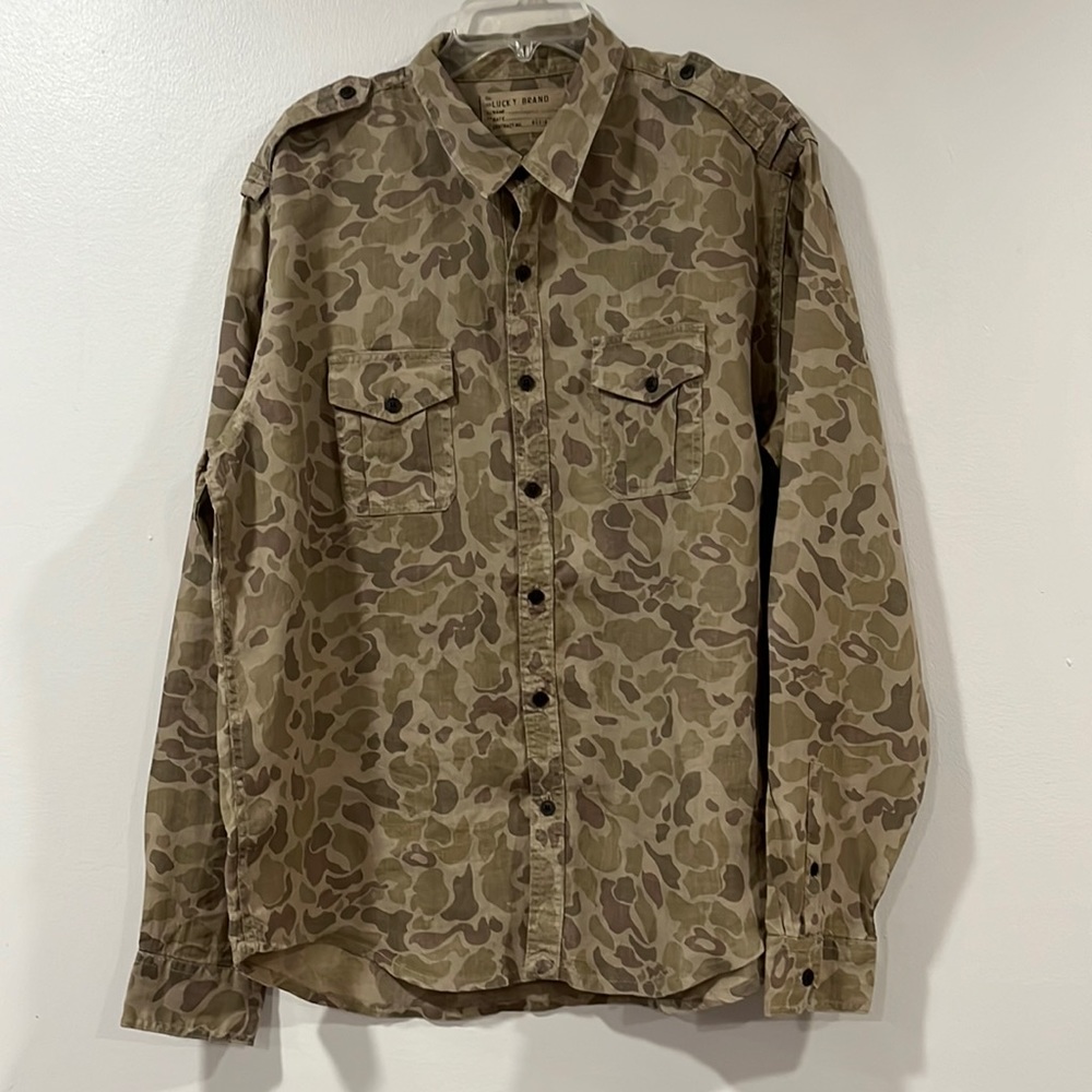 LUCKY BRAND Mens Tan/OliveGreen Linen Button Up Long Sleeve Shirt. Size XL.